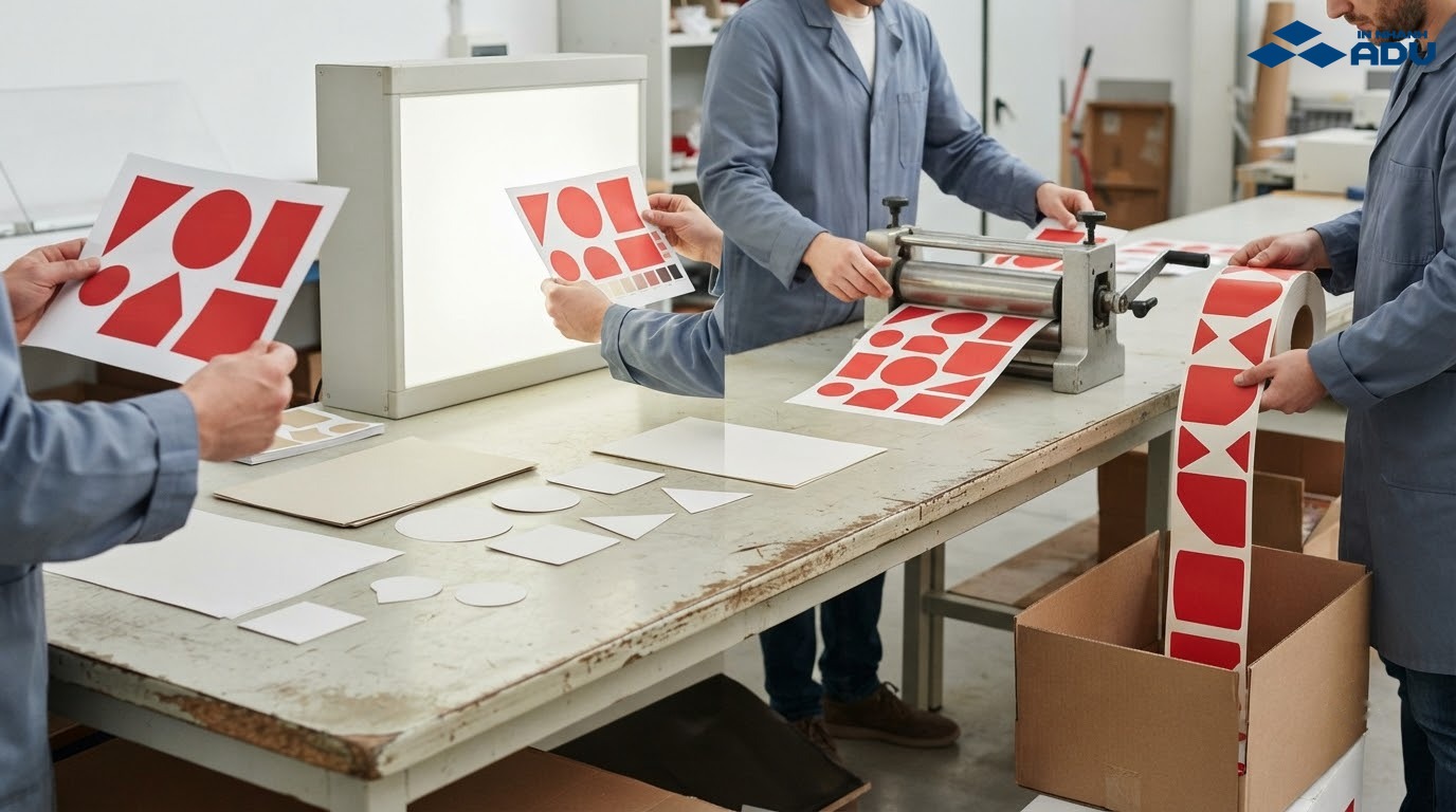 Quy trình chuẩn bị mẫu, chọn giấy, in thử, bế demi và đóng gói decal giấy