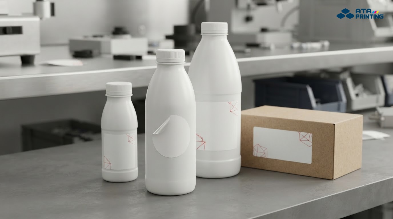Tem decal nhựa sữa PVC trắng đục trên chai và thiết bị