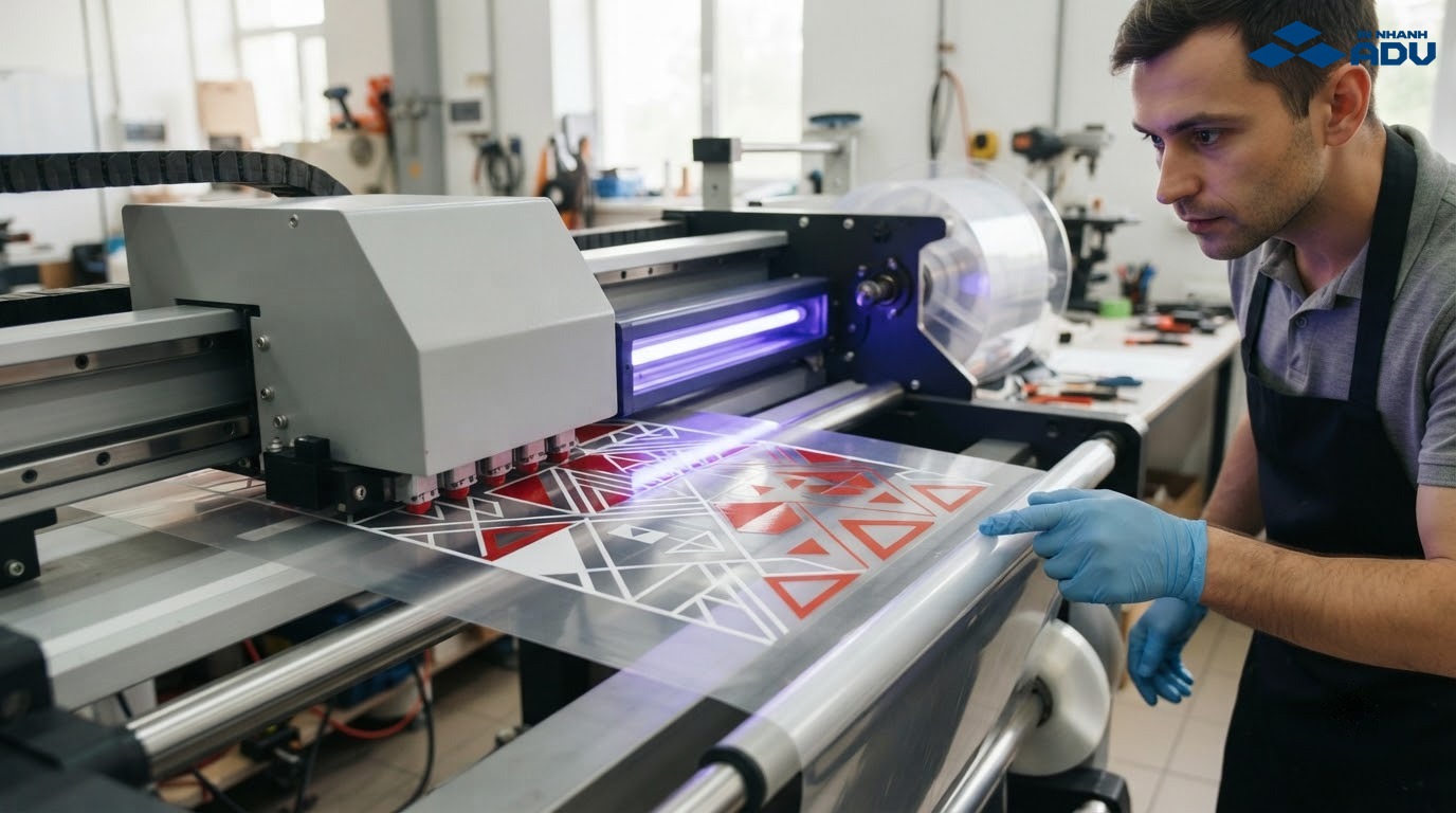Máy in UV phủ mực trắng lên cuộn decal trong