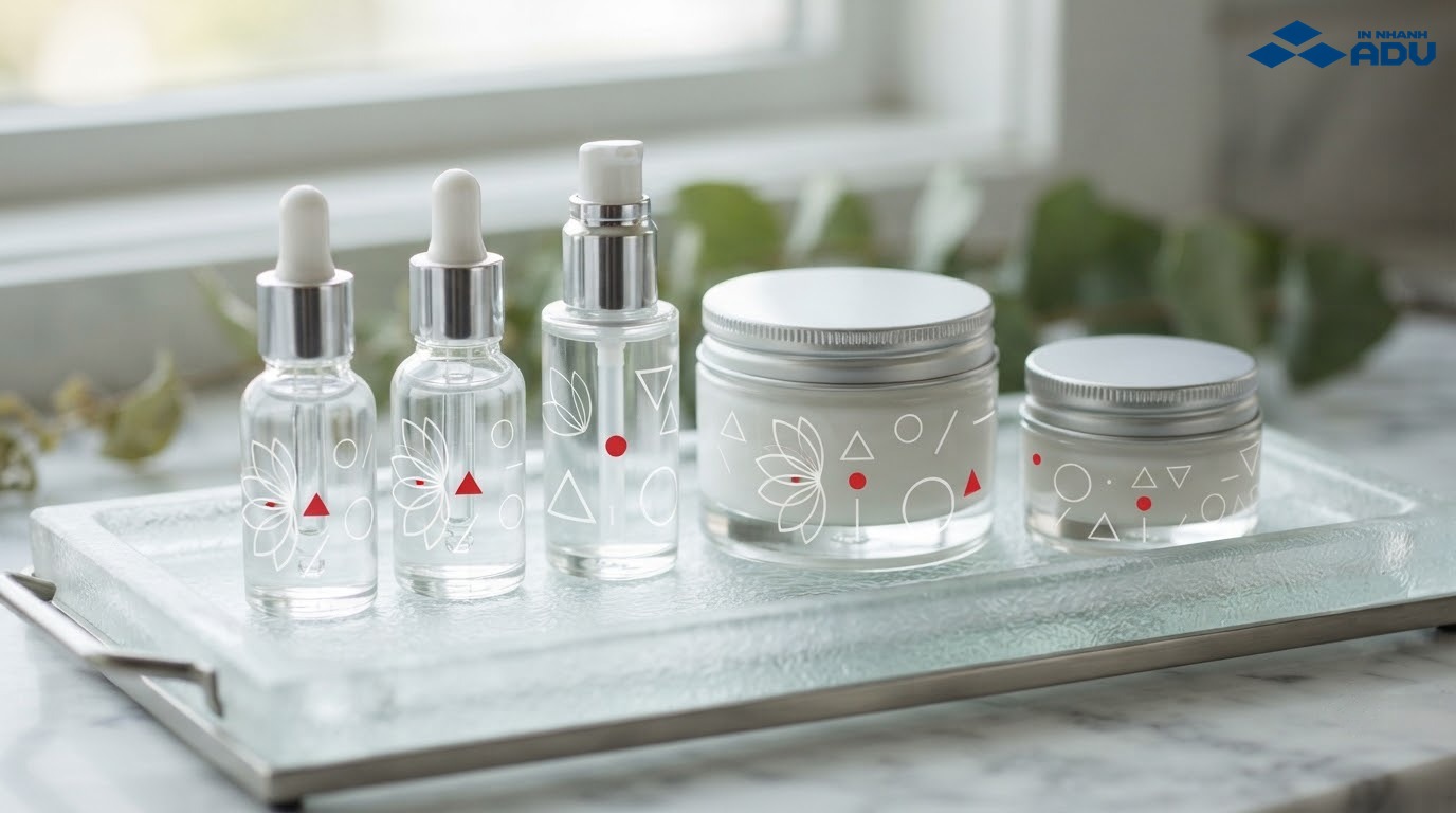 Tem trong mực trắng trên chai serum và hũ mỹ phẩm thủy tinh