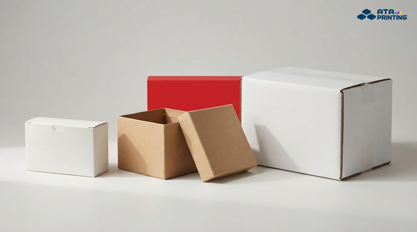 Ba quy cách hộp giấy khác nhau về kích thước, chất liệu và mức độ gia công