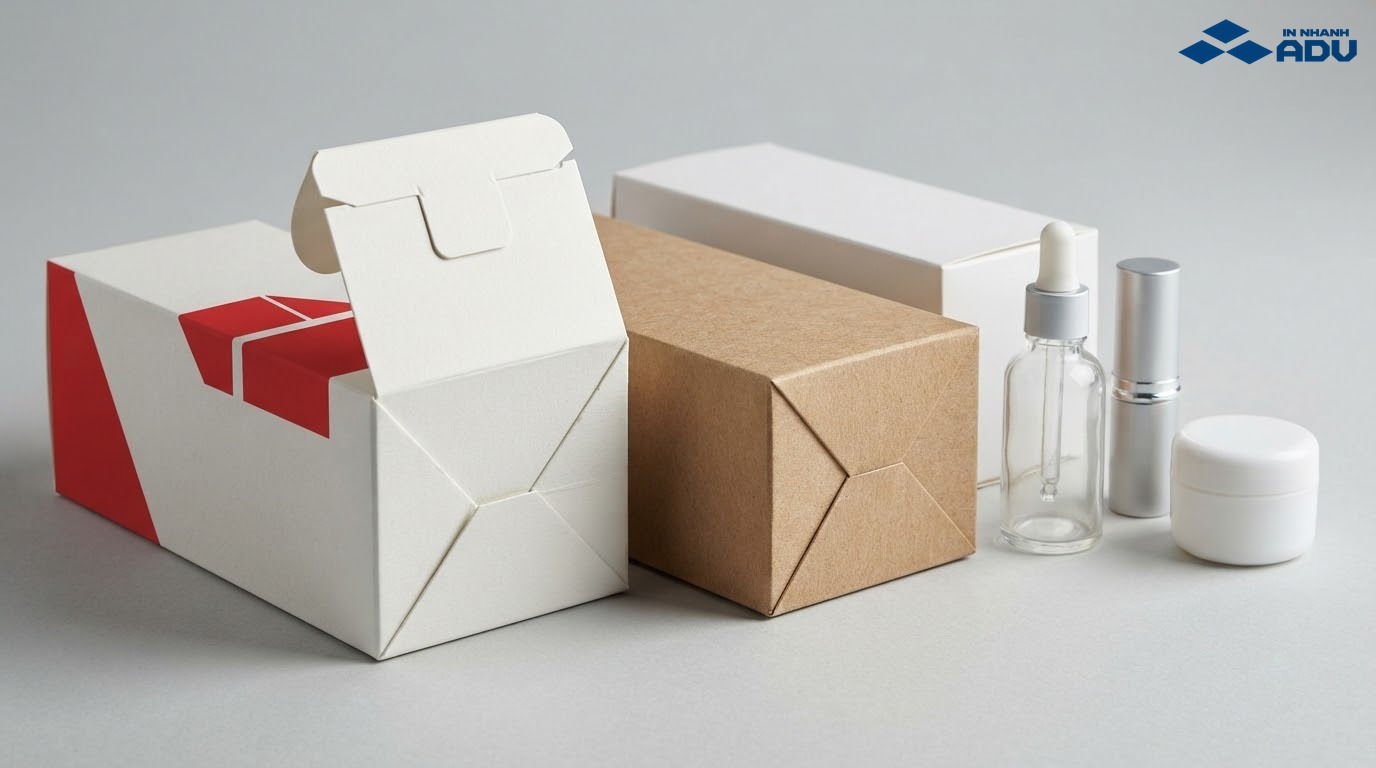 Hộp giấy mềm nắp gài và khóa đáy dùng cho serum, son môi và kem mỹ phẩm