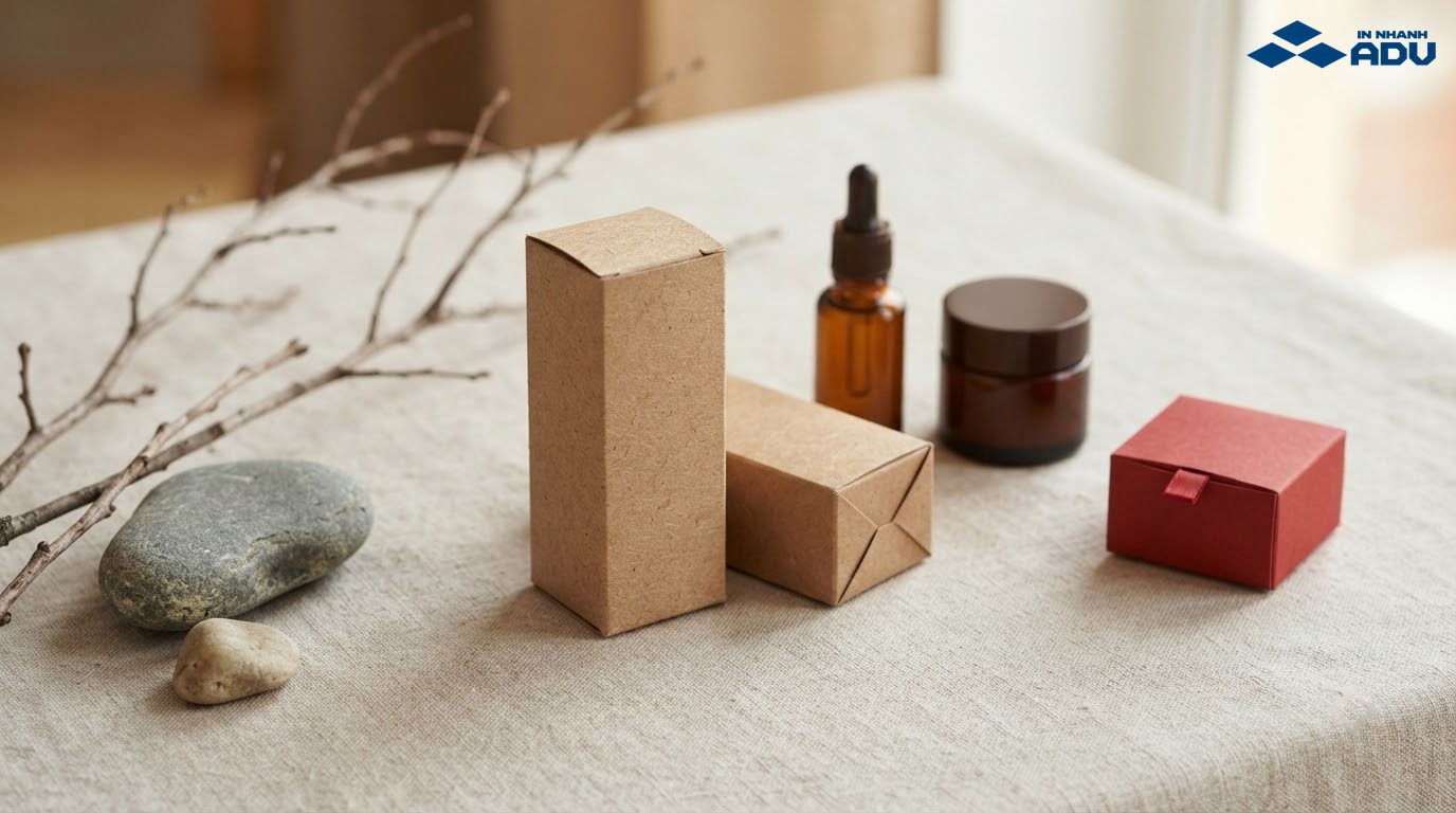 Hộp giấy Kraft màu nâu tự nhiên dùng làm bao bì mỹ phẩm phong cách tối giản