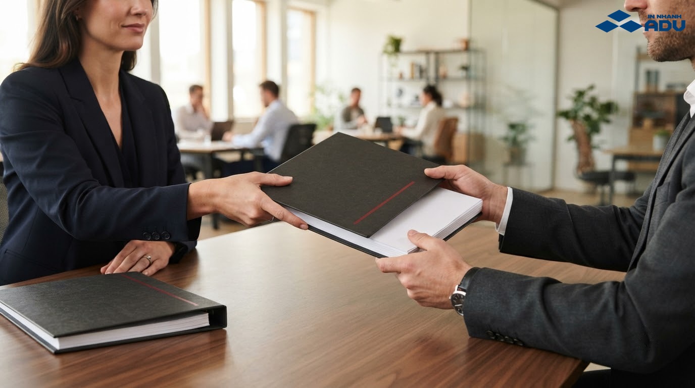 Kẹp file giấy được trao cùng bộ hồ sơ trong cuộc họp doanh nghiệp