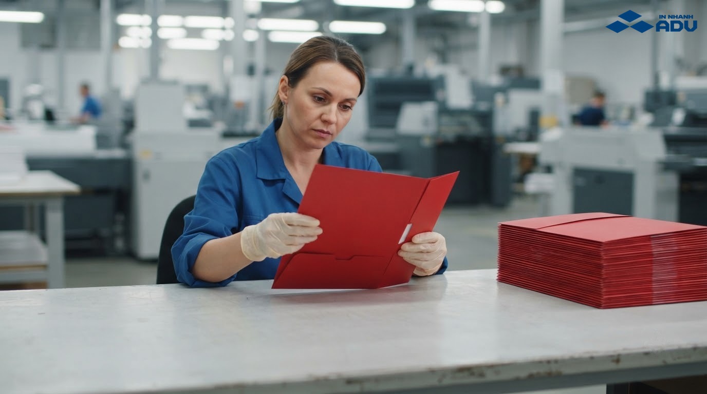 Nhân viên xưởng in kiểm tra kẹp file giấy trước khi đóng gói