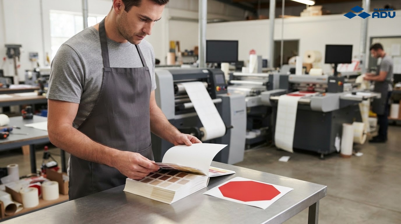 Kỹ thuật viên kiểm tra file in màu và thành phẩm decal logo