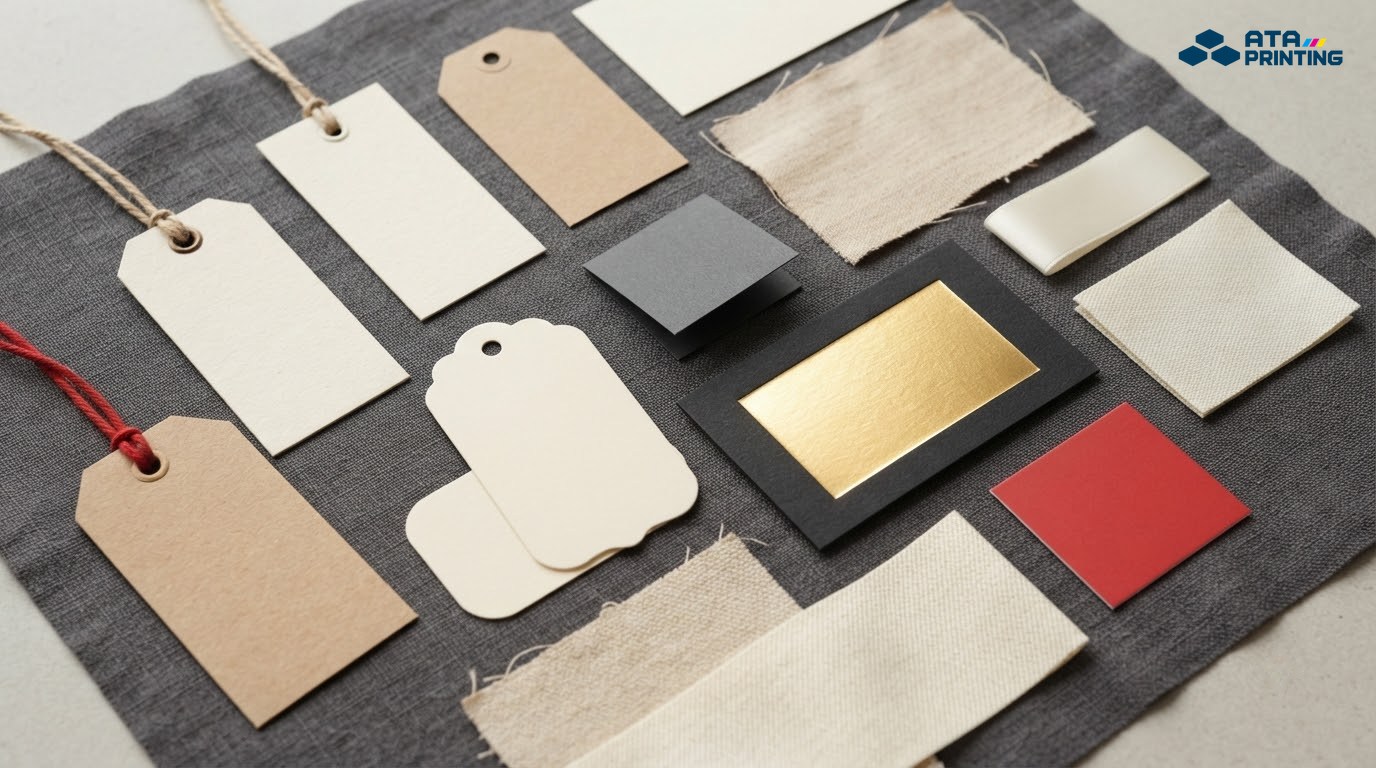 Các mẫu mác giấy, mác vải và kiểu gia công được đặt cạnh nhau để minh họa yếu tố báo giá