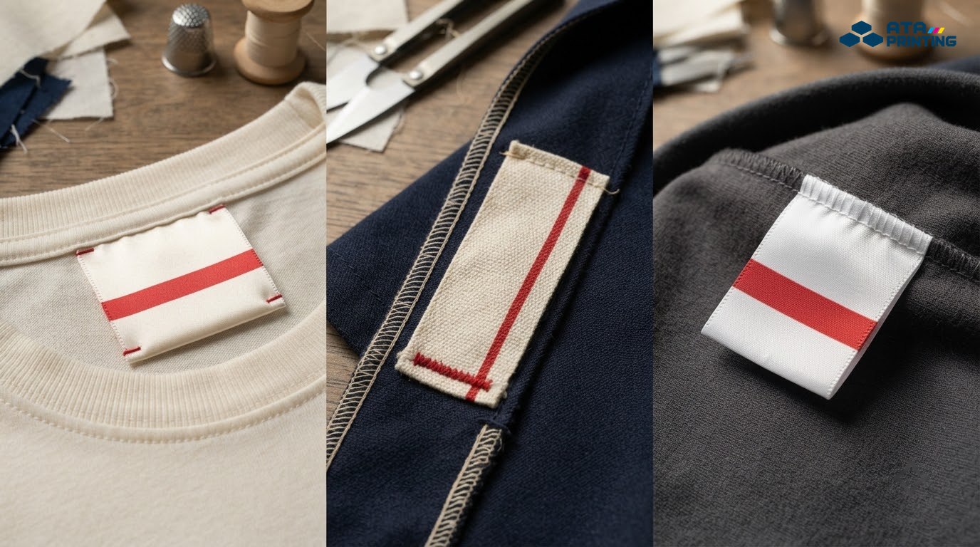 Các mẫu mác vải satin, cotton và nylon may ở cổ áo và sườn áo