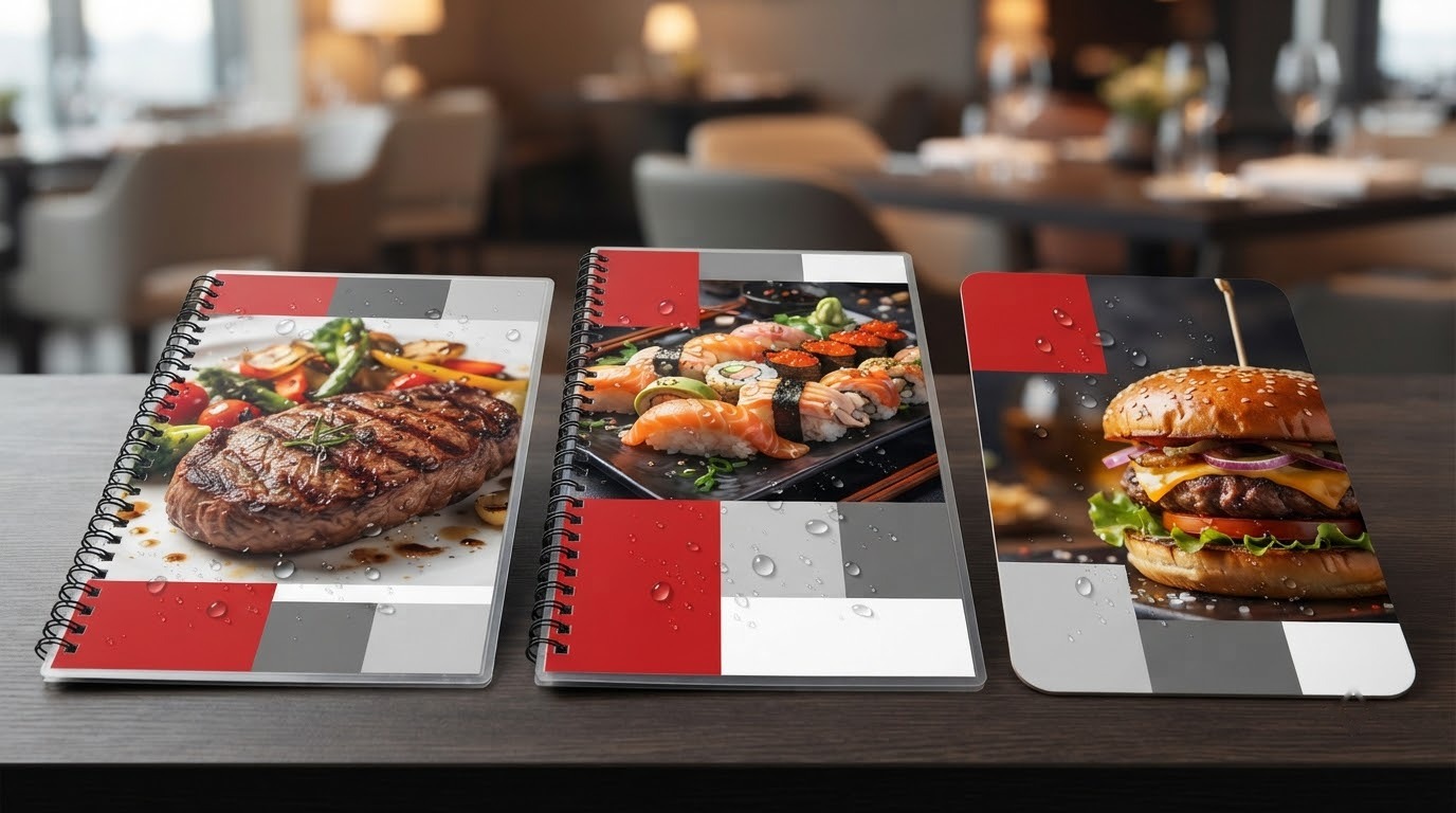 Các mẫu menu nhựa chống nước dạng lò xo, bắt ốc và tờ đơn