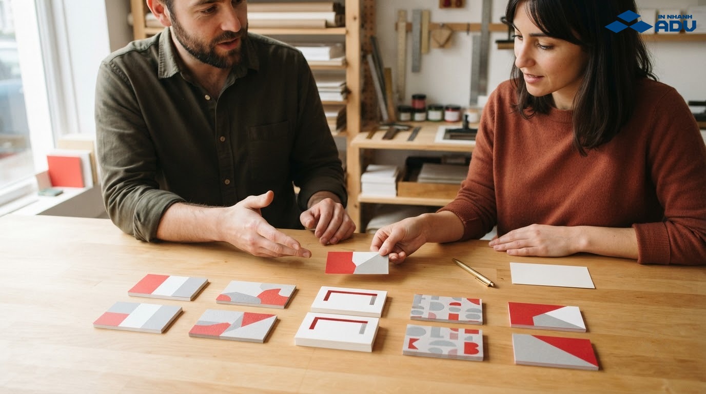 Khách hàng kiểm tra nhiều mẫu name card tại xưởng in