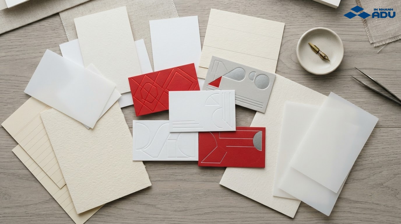 Bộ mẫu giấy và name card có nhiều bề mặt hoàn thiện