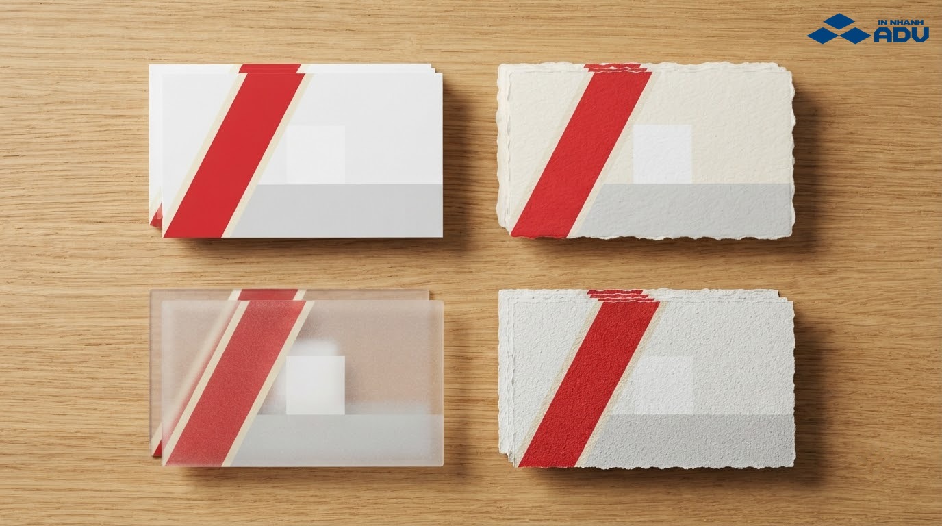 Bốn mẫu name card trên giấy tráng phủ, giấy mỹ thuật, nhựa trong và giấy nhám