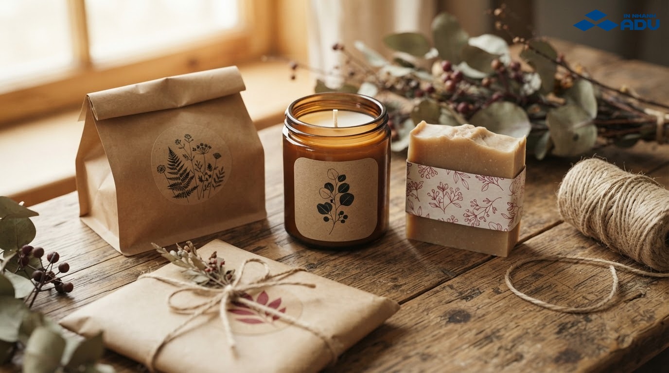 Nhãn decal giấy kraft trên nến thơm và hộp sản phẩm thủ công