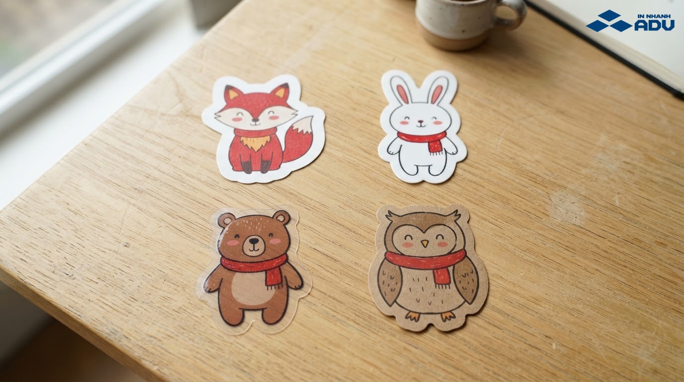 Sticker trên decal giấy nhựa trong nhựa sữa và kraft