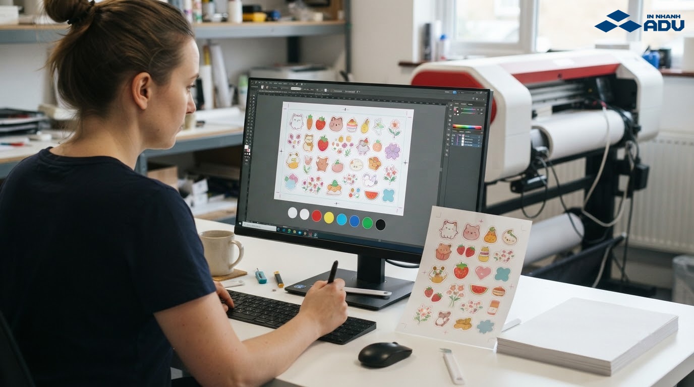 Kỹ thuật viên kiểm tra đường cắt và vùng tràn lề sticker