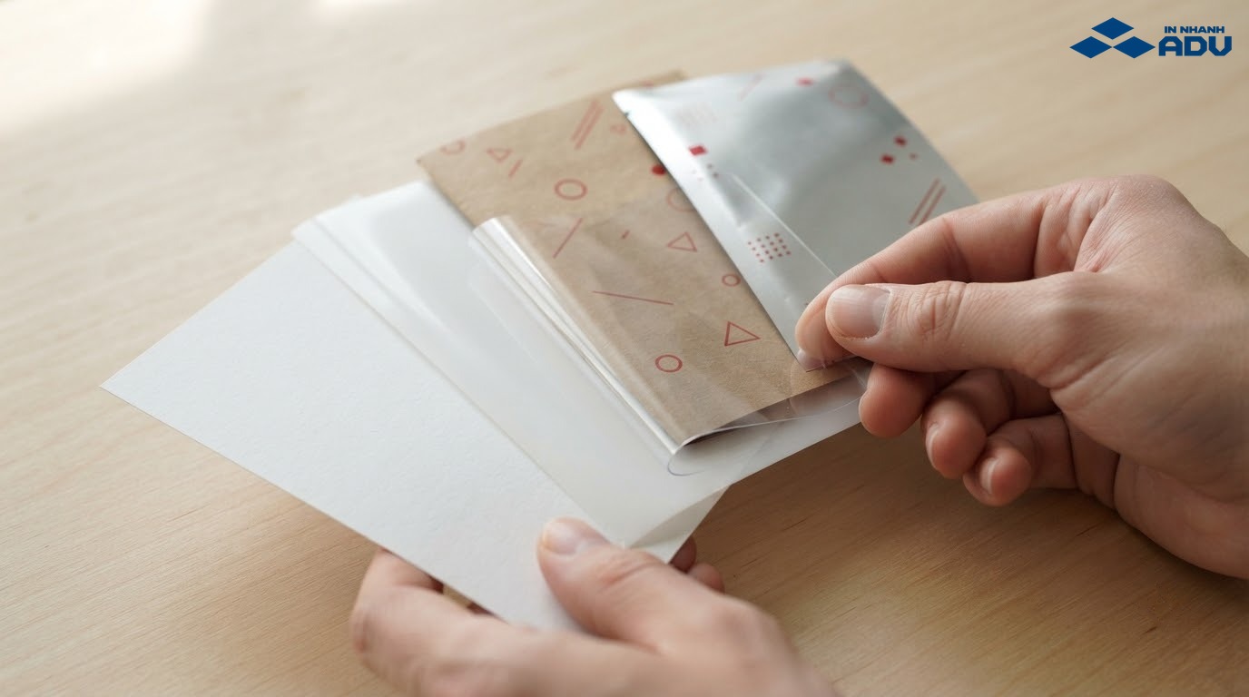 Mẫu decal giấy, nhựa, kraft và ánh kim đặt cạnh nhau