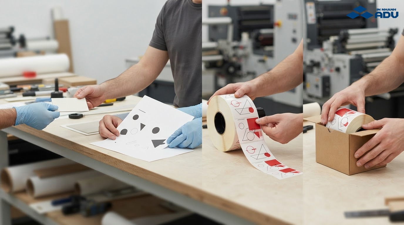Các bước xem mẫu, kiểm tra cuộn nhãn và đóng gói vào thùng carton