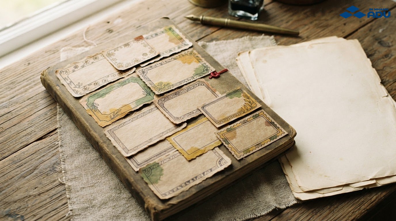 Nhãn vở phong cách vintage in trên decal Kraft màu nâu ấm