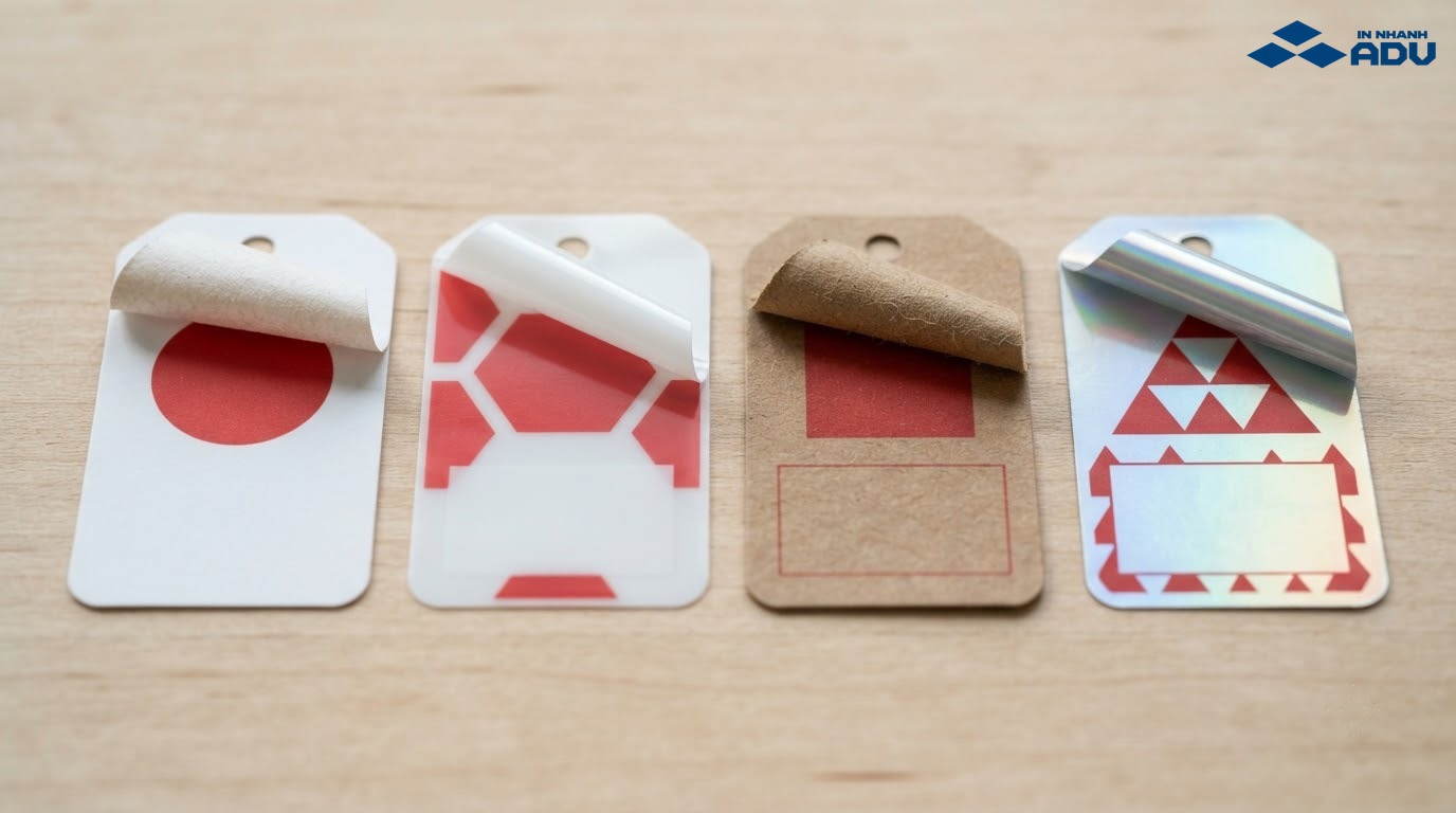 Bốn mẫu decal giấy, nhựa trắng, Kraft và hologram dùng in nhãn vở
