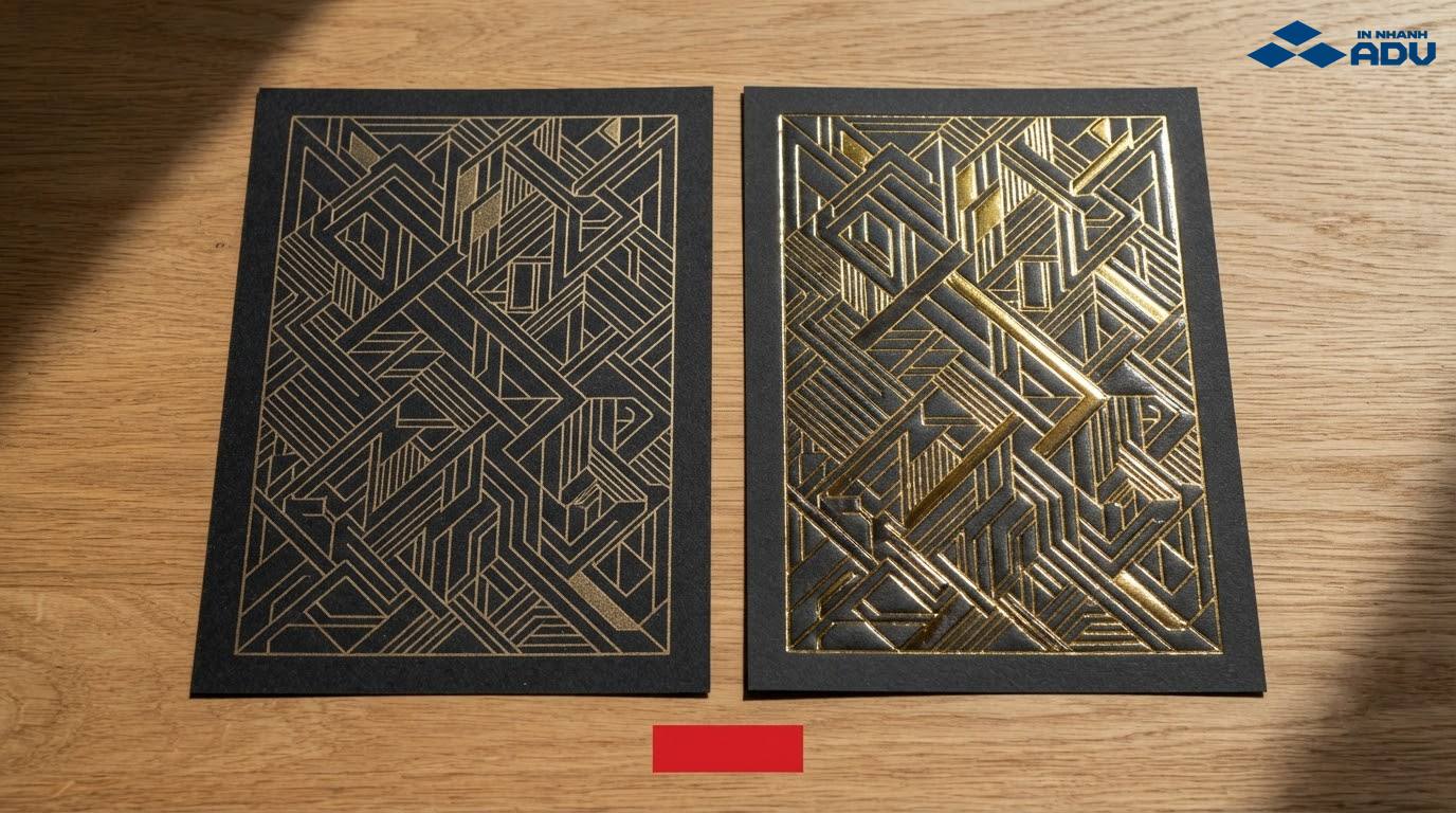 So sánh bề mặt in nhũ vàng phẳng và ép kim vàng có độ lún