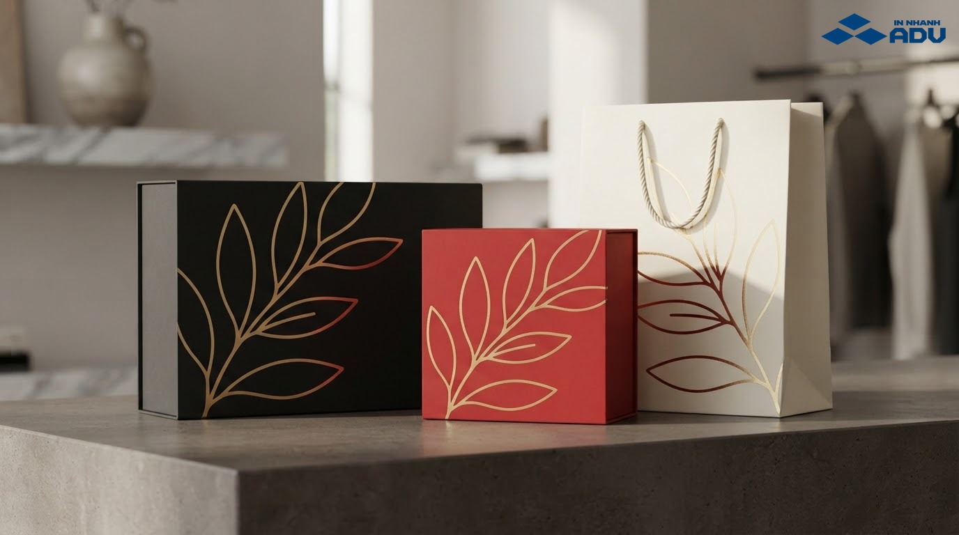 Hộp giấy và túi giấy cao cấp trang trí nhũ vàng