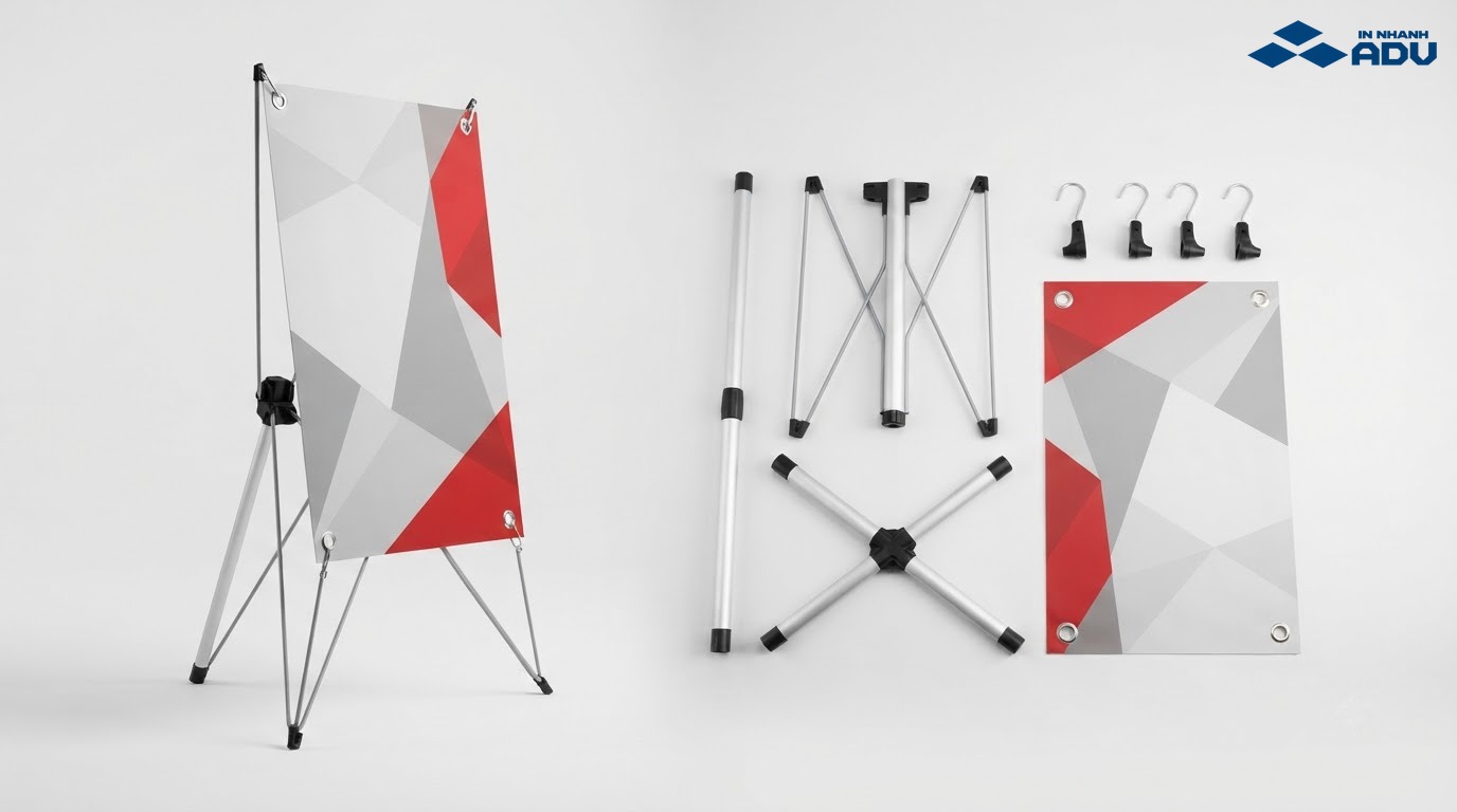 Cấu tạo khung standee chữ X với bốn thanh móc căng poster