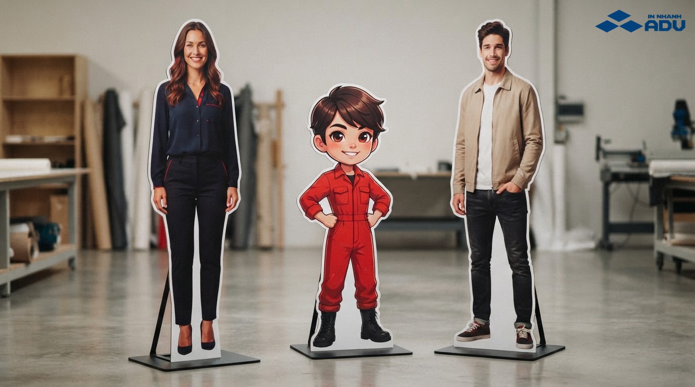 Ba standee cutout trên đế gồm mẫu nam, nữ và chibi trong xưởng