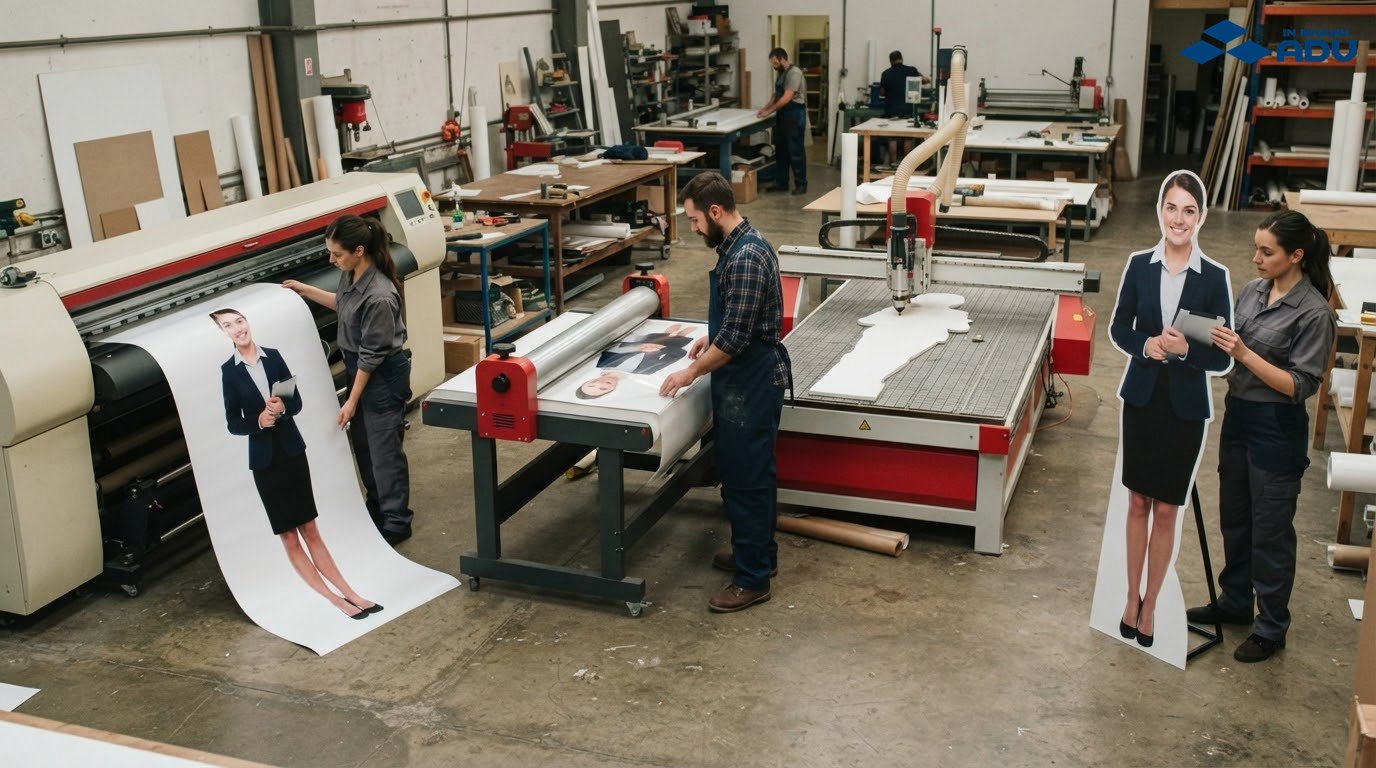 Quy trình gia công standee hình người từ in PP, bồi Formex đến cắt CNC và lắp khung