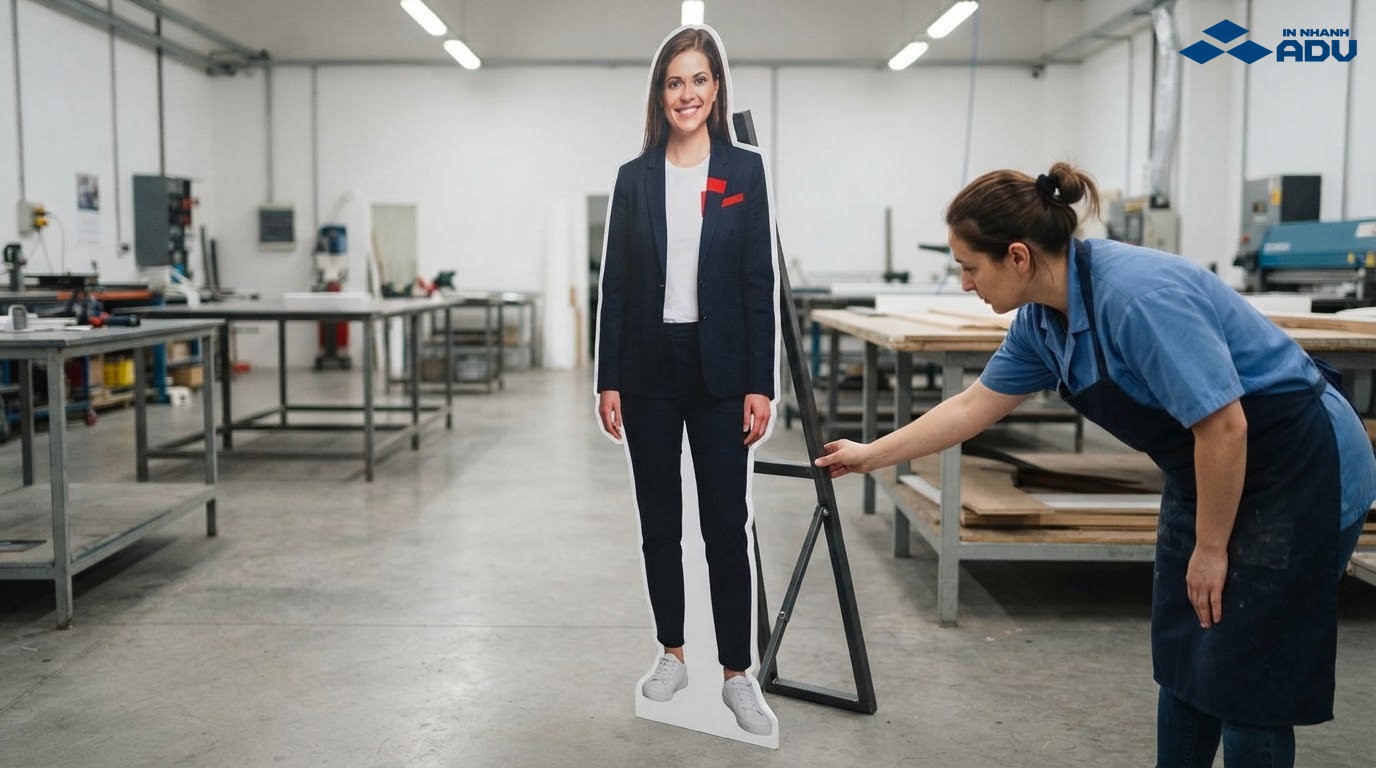 Standee hình người hoàn thiện được kiểm tra chất lượng tại xưởng in trước khi giao