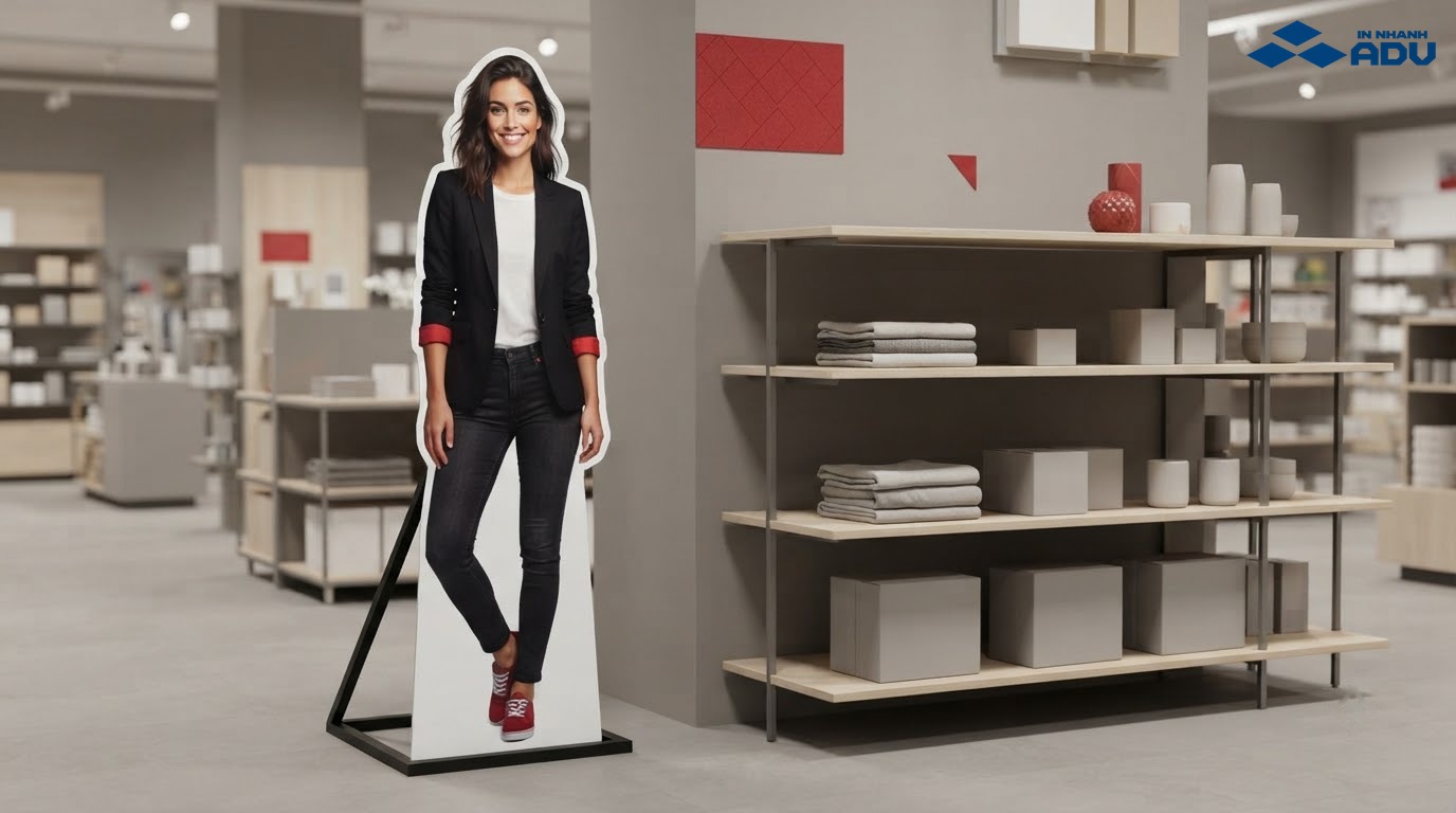 Standee hình người đặt tại điểm bán tạo điểm nhấn thị giác cạnh khu trưng bày sản phẩm