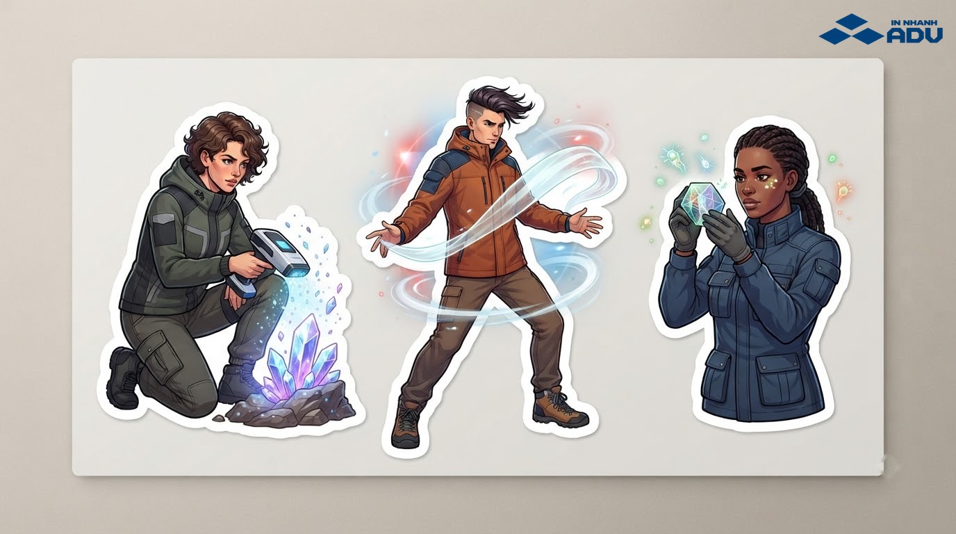 Sticker nhân vật hành động nguyên bản với tư thế chiến đấu và hiệu ứng năng lượng