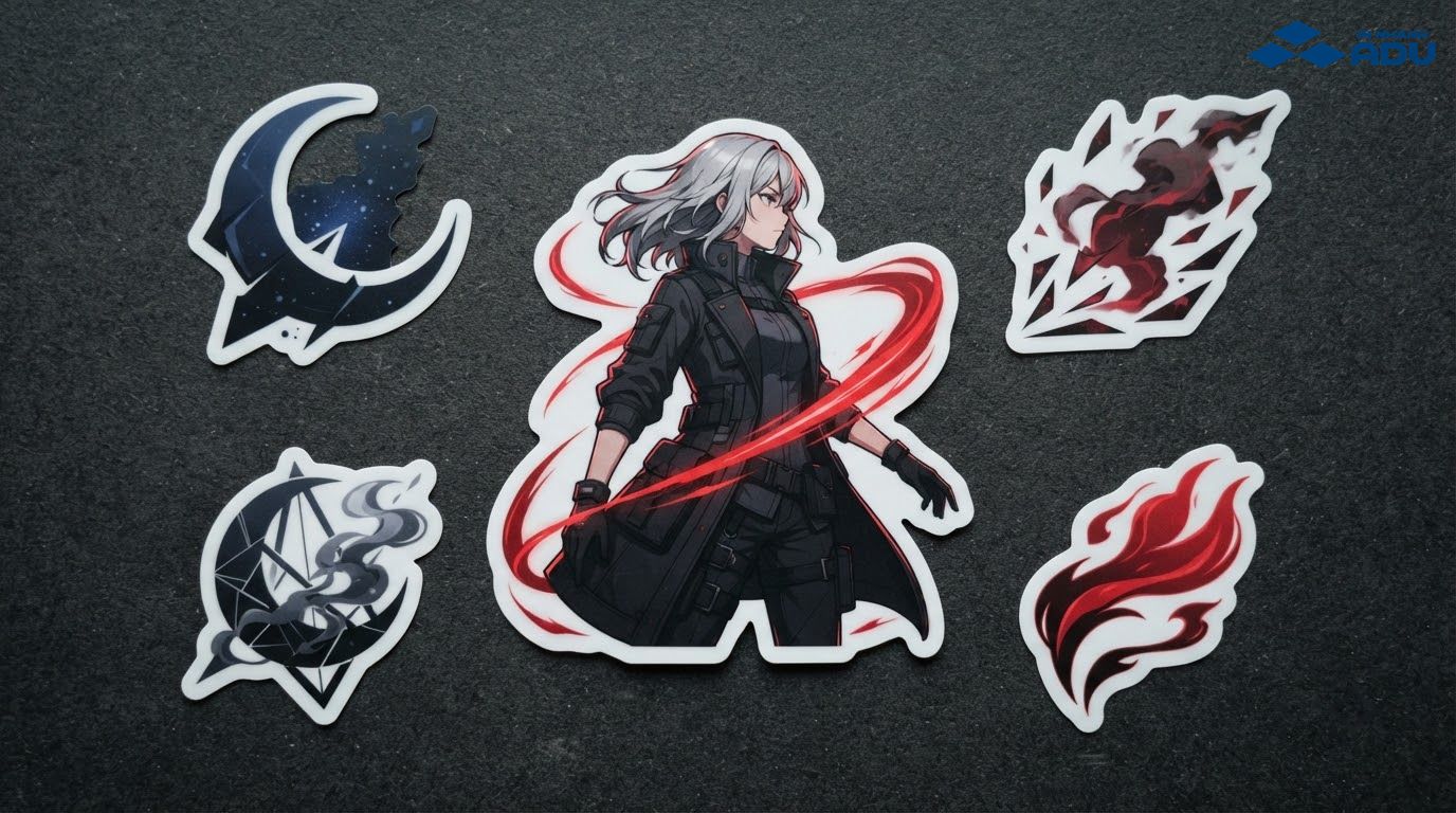 Sticker nhân vật anime nguyên bản phong cách dark cool với tông đen đỏ