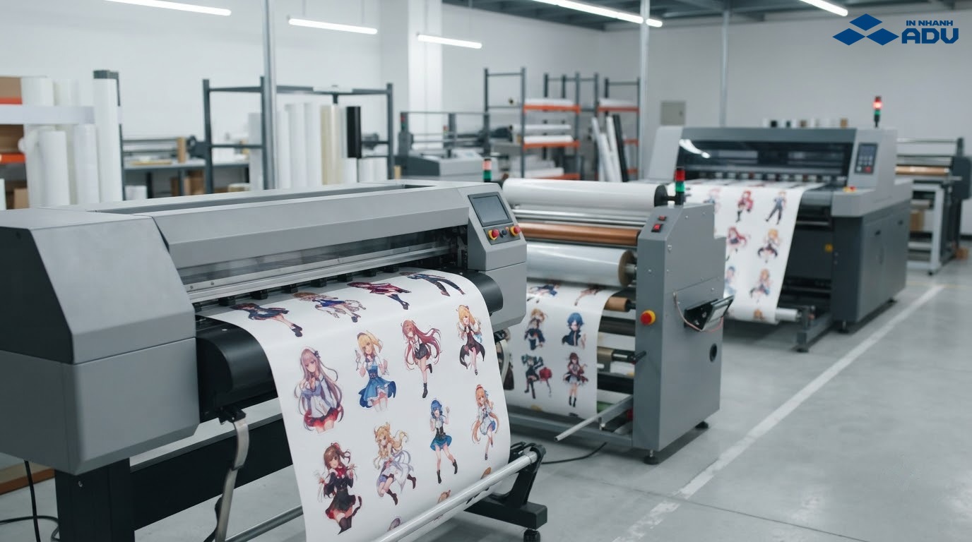 Dây chuyền in, cán màng và cắt bế sticker anime trong xưởng
