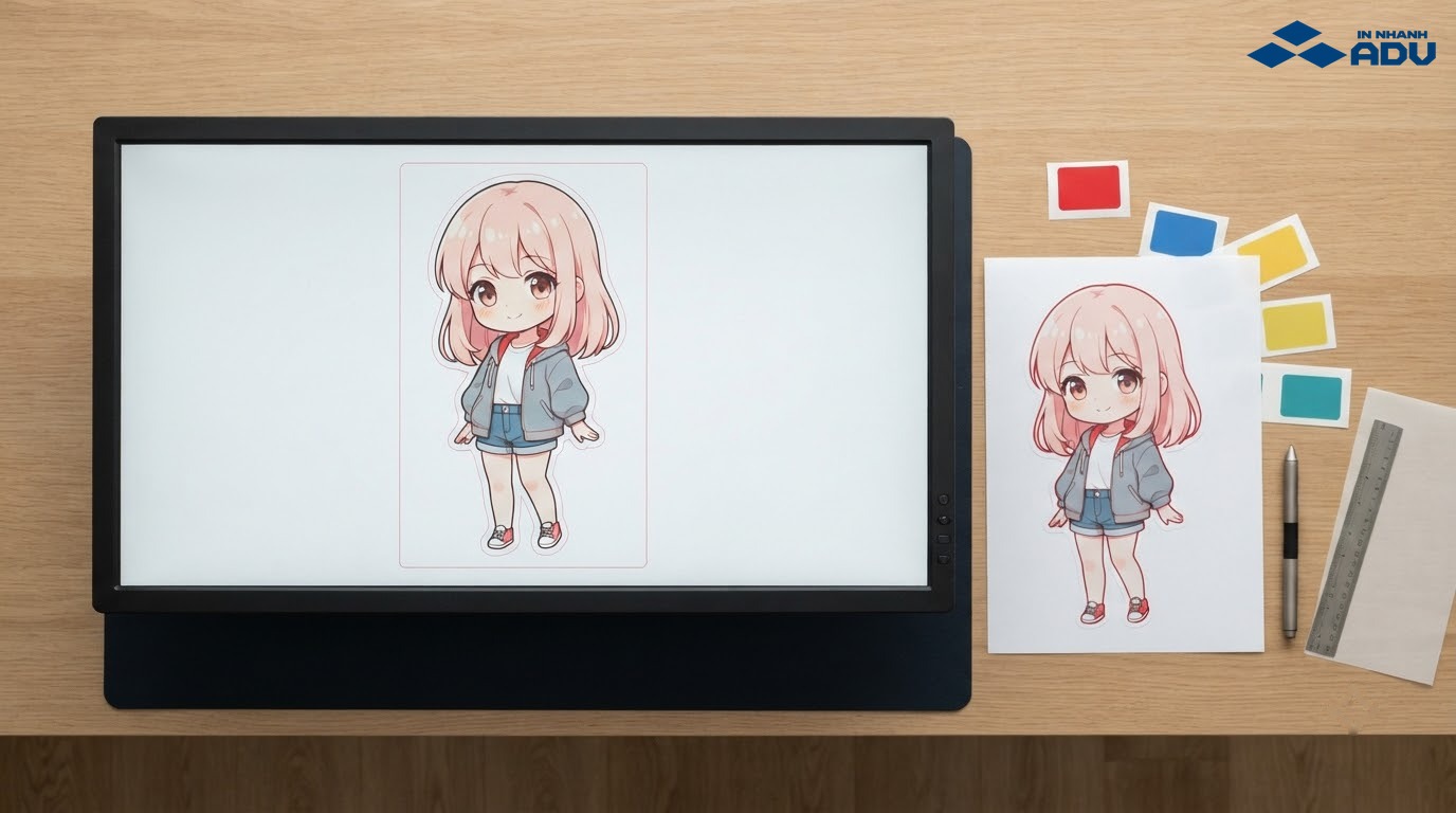 Bản thiết kế sticker anime nguyên bản có đường bế và vùng tràn lề rõ ràng