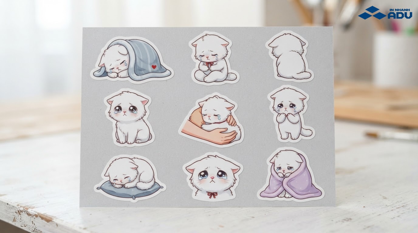 Sticker mèo trắng nguyên bản cuộn trong chăn với đôi mắt ngấn lệ