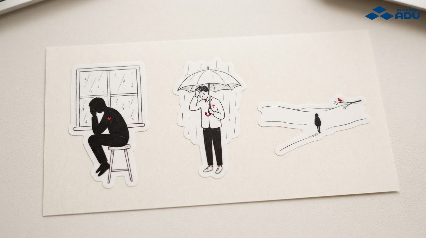 Sticker đen trắng mô tả người ngồi một mình bên cửa sổ mưa