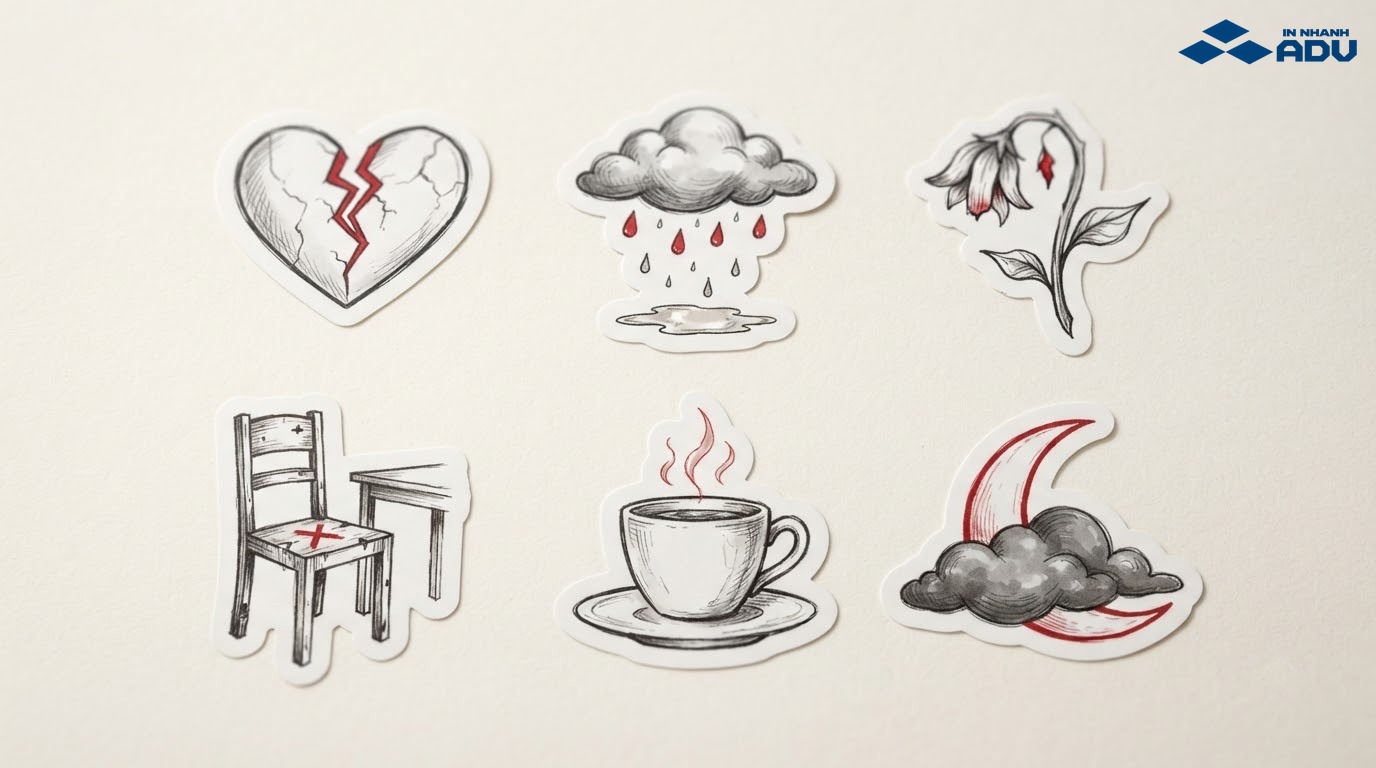 Bộ sticker đen trắng gồm trái tim nứt, mây mưa và bông hoa héo