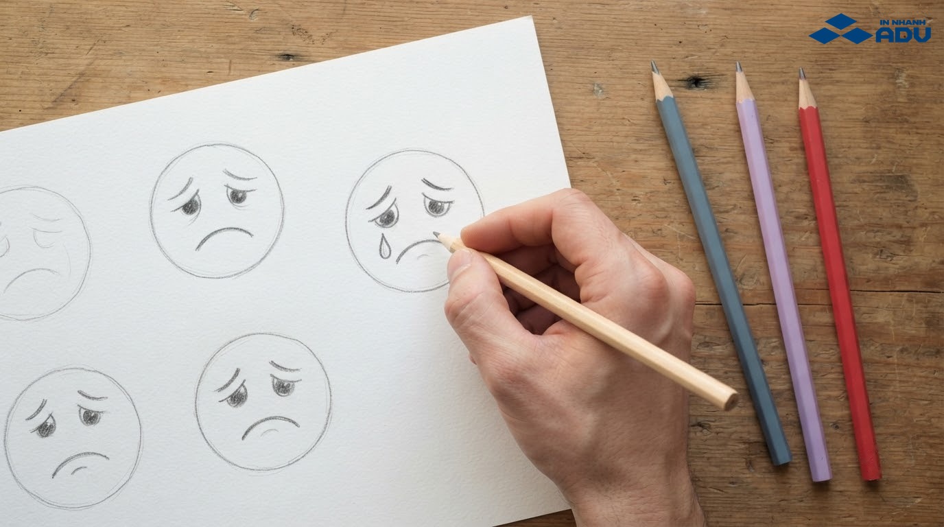 Bàn tay phác thảo các khuôn mặt sticker buồn bằng hình khối đơn giản