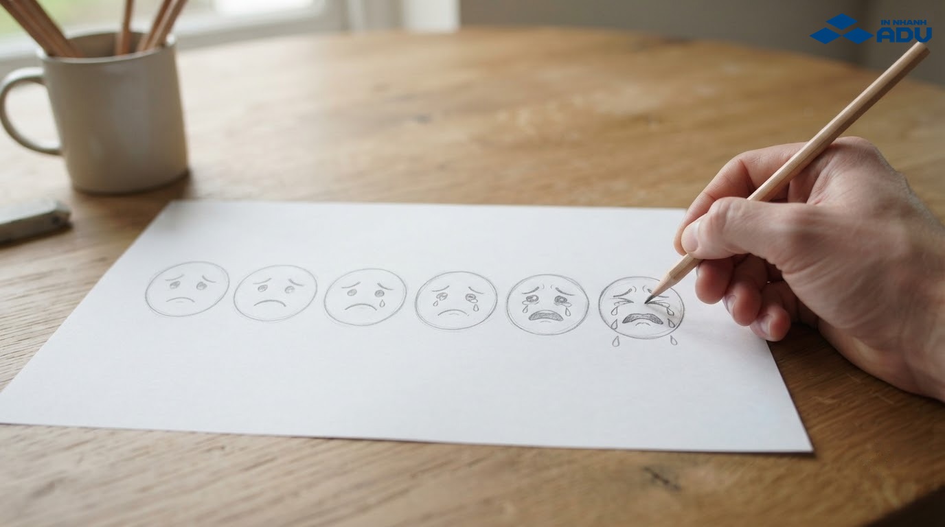 Các mẫu sticker khuôn mặt buồn với lông mày cụp và giọt nước mắt lớn