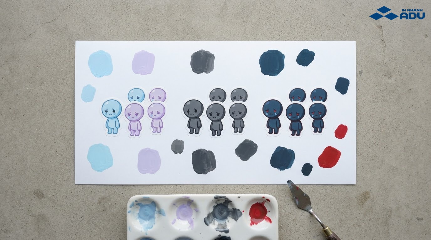 Sticker buồn phối màu xanh nhạt, tím pastel, xám và đen trắng