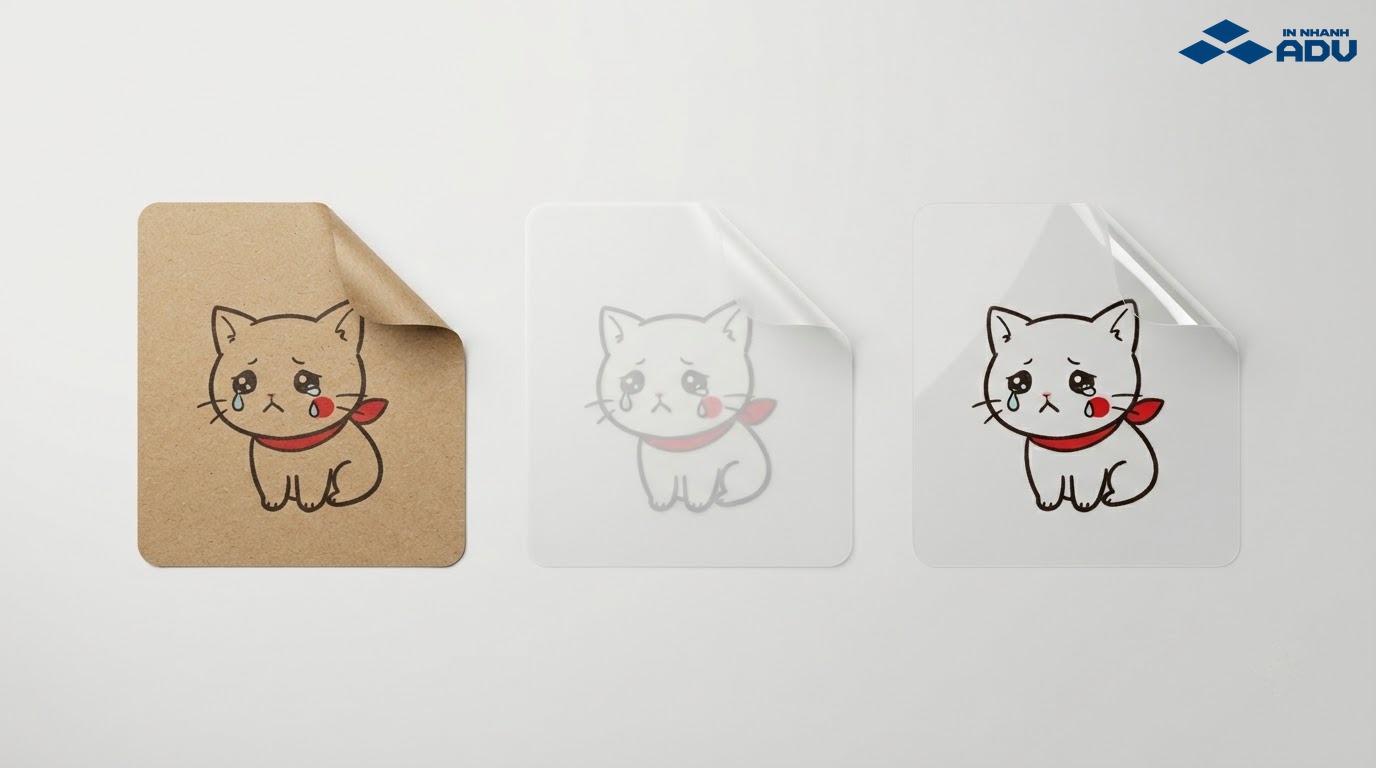 Mẫu sticker buồn trên decal kraft, decal nhựa sữa và decal trong