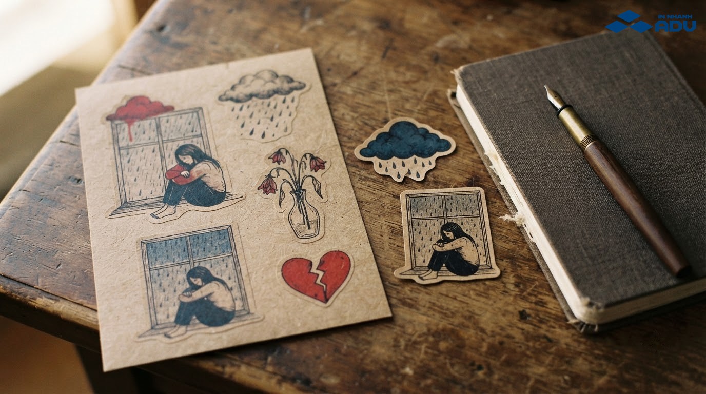 Sticker buồn phong cách hoài cổ in trên giấy kraft nâu nhám