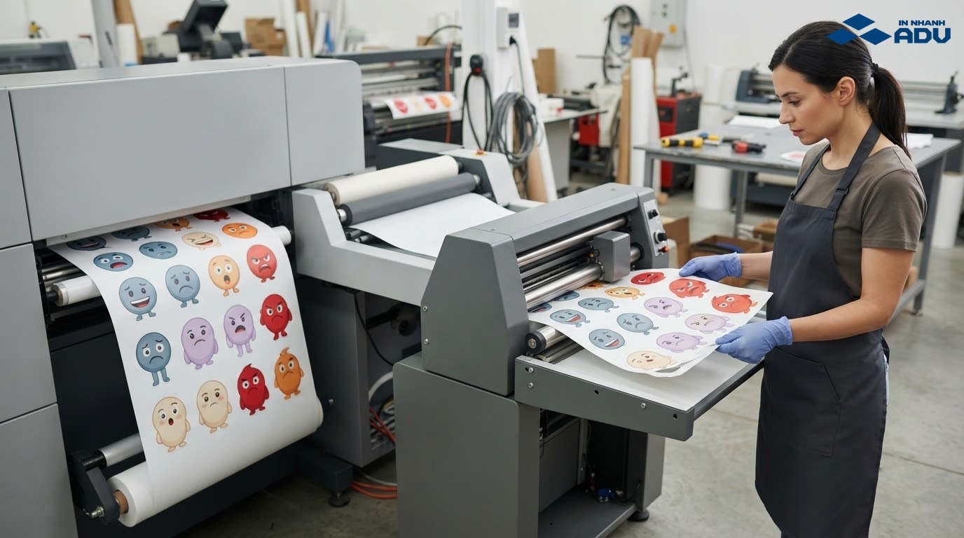 Tờ sticker buồn được in, cán màng mờ và bế demi theo đường viền