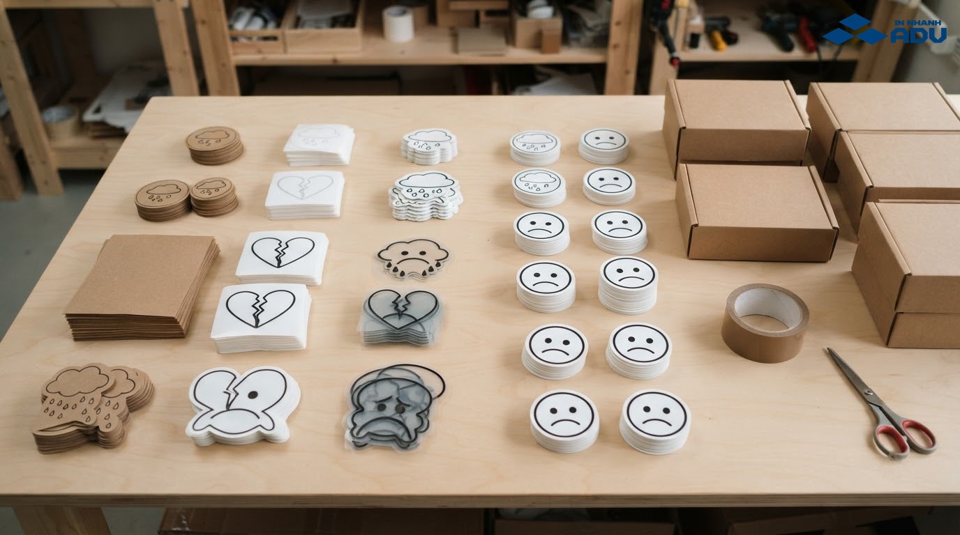 Các lô sticker buồn số lượng ít được chia theo kích thước và chất liệu