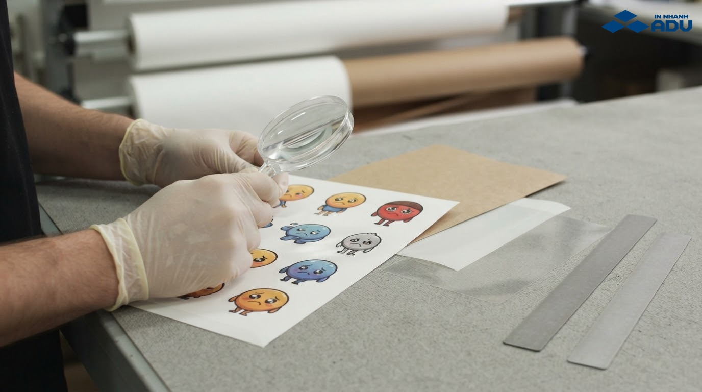 Kỹ thuật viên kiểm tra màu in và đường bế của bộ sticker buồn