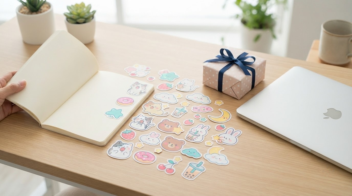 Bộ sticker dễ thương nhiều hình động vật và đồ vật trên nền sáng