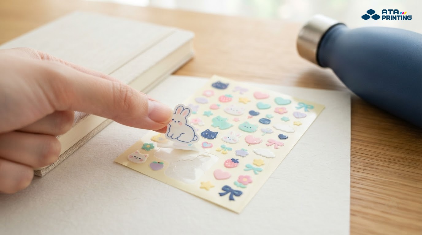 Sticker dễ thương được bóc khỏi tờ decal để dán lên đồ dùng cá nhân