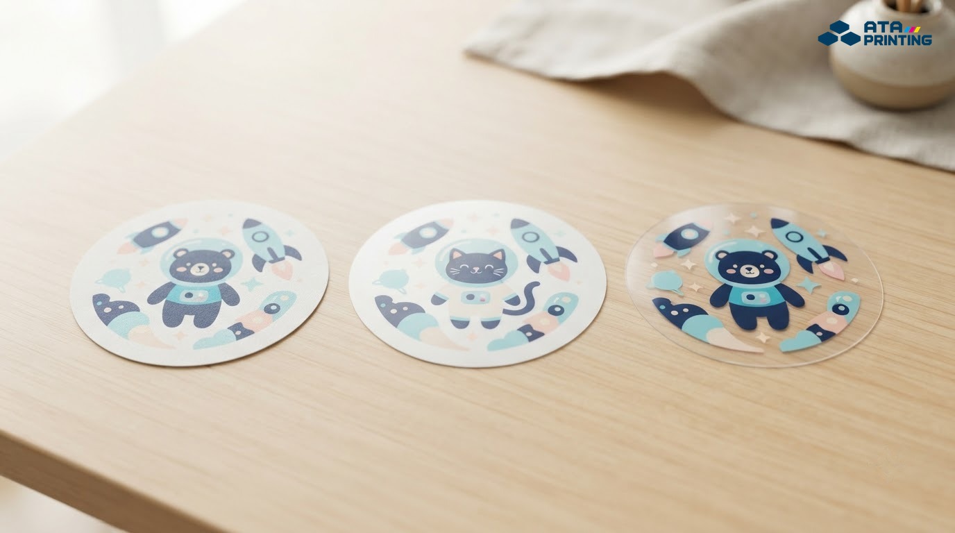 Các chất liệu decal giấy, nhựa sữa và nhựa trong dùng in sticker cute