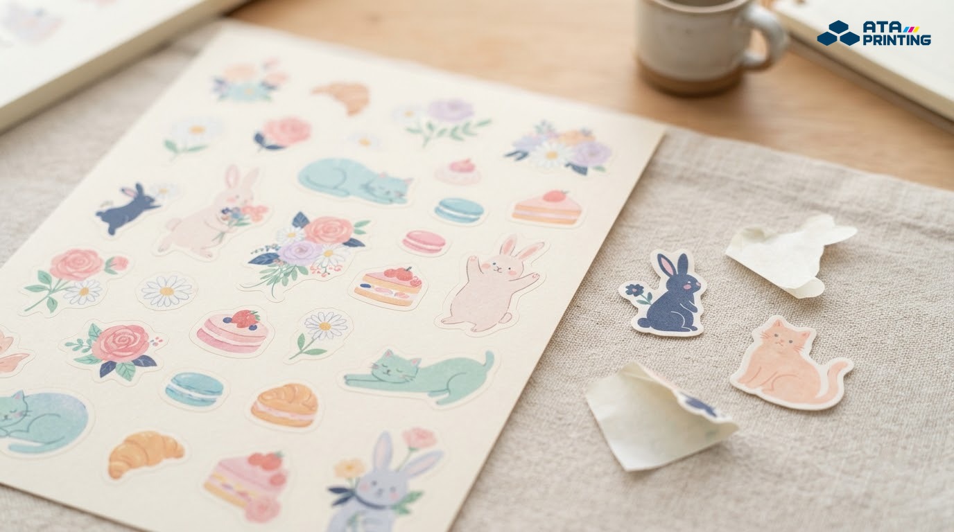 Sticker cute in trên decal giấy với bề mặt mờ và đường bế rõ