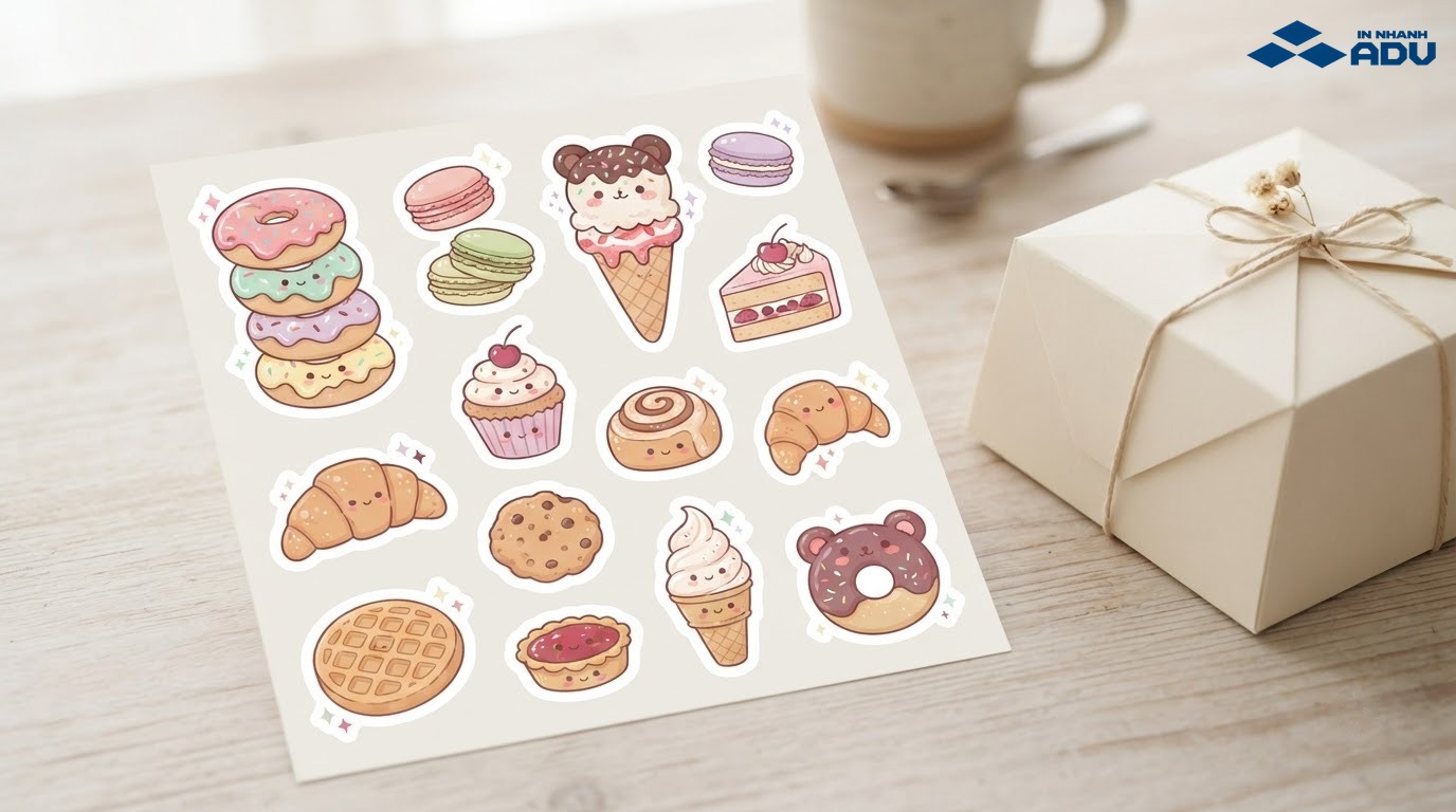 Sticker donut macaron và kem ốc quế màu pastel